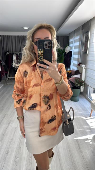 Kendinden Desenli Orange Saten Gömlek