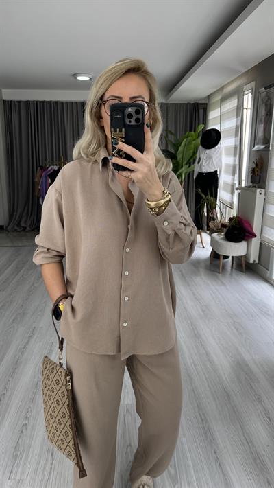 KETEN GÖMLEK PANTOLON TAŞ RENGİ TAKIM