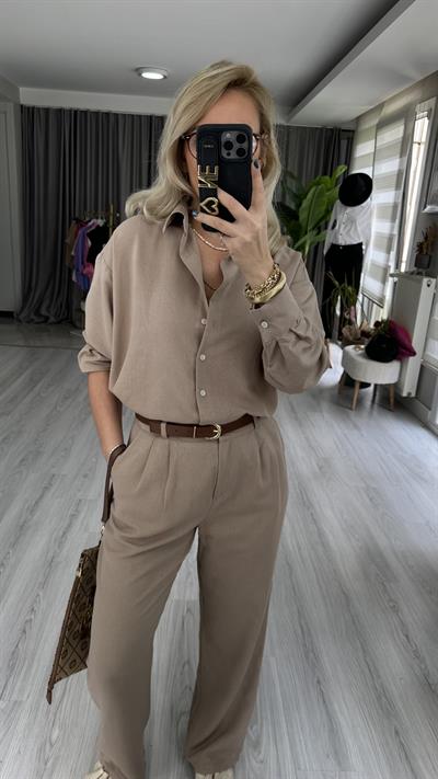 KETEN GÖMLEK PANTOLON TAŞ RENGİ TAKIM