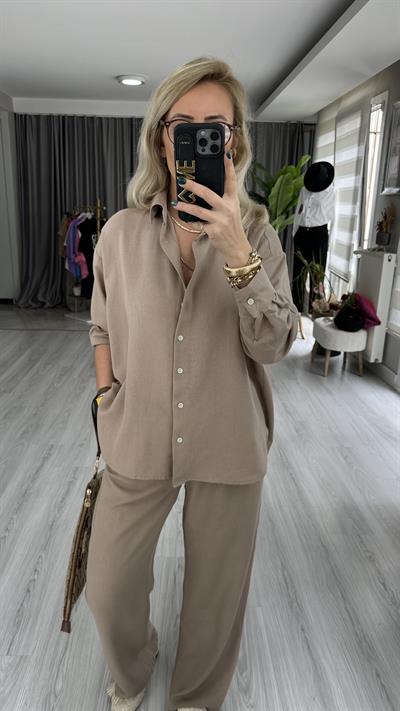 KETEN GÖMLEK PANTOLON TAŞ RENGİ TAKIM