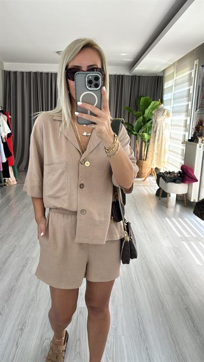 KETEN ŞORT GÖMLEK BEJ İKİLİ TAKIM