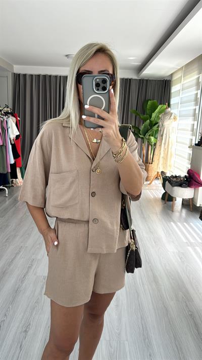 KETEN ŞORT GÖMLEK BEJ İKİLİ TAKIM