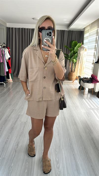 KETEN ŞORT GÖMLEK BEJ İKİLİ TAKIM
