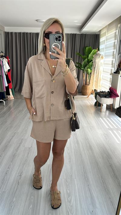 KETEN ŞORT GÖMLEK BEJ İKİLİ TAKIM