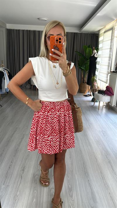 KIRMIZI BEYAZ DESENLİ, BELİ LASTİKLİ BALON ETEK