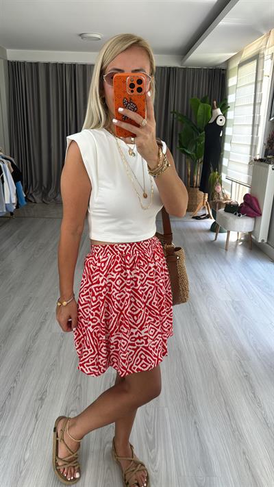 KIRMIZI BEYAZ DESENLİ, BELİ LASTİKLİ BALON ETEK