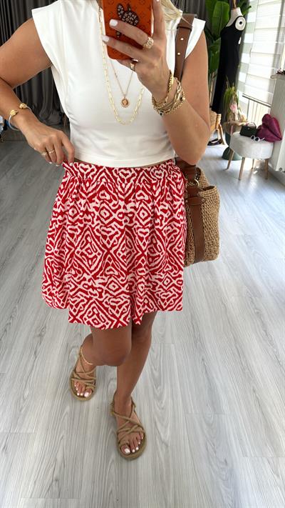 KIRMIZI BEYAZ DESENLİ, BELİ LASTİKLİ BALON ETEK