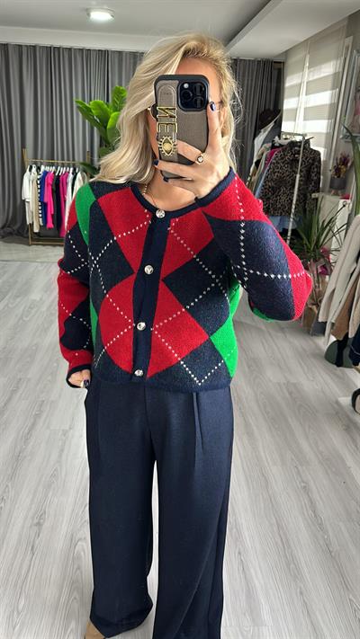 KIRMIZI LACİVERT BAKLAVA DESENLİ TRİKO HIRKA