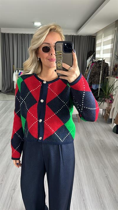 KIRMIZI LACİVERT BAKLAVA DESENLİ TRİKO HIRKA