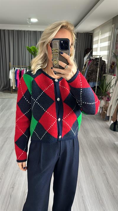 KIRMIZI LACİVERT BAKLAVA DESENLİ TRİKO HIRKA