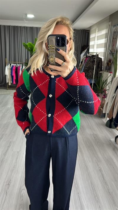 KIRMIZI LACİVERT BAKLAVA DESENLİ TRİKO HIRKA