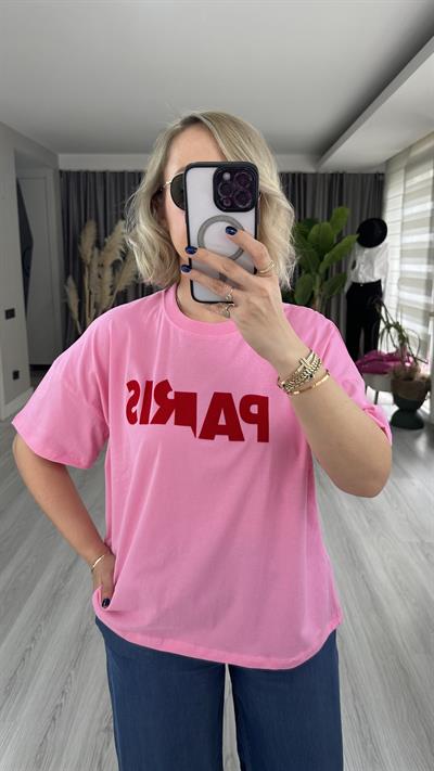 KIRMIZI PARİS YAZILI PEMBE TİŞÖRT