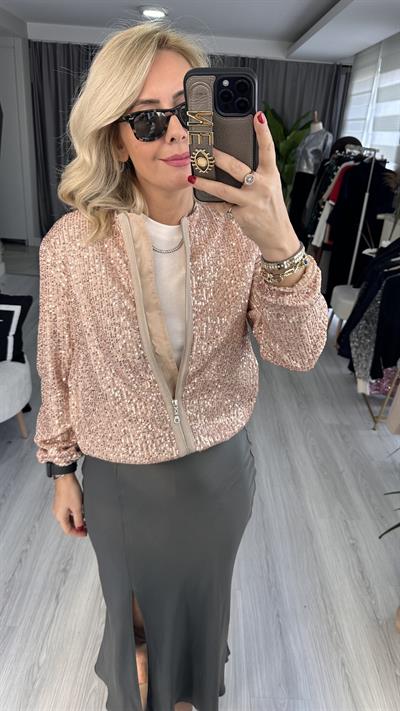 KOL VE BELİ LASTİKLİ PAYETLİ PUDRA CEKET