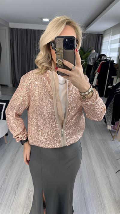 KOL VE BELİ LASTİKLİ PAYETLİ PUDRA CEKET