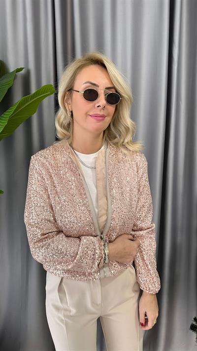 KOL VE BELİ LASTİKLİ PAYETLİ PUDRA CEKET