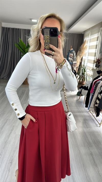 KOLU GOLD DÜĞME DETAYLI EKRU BLUZ