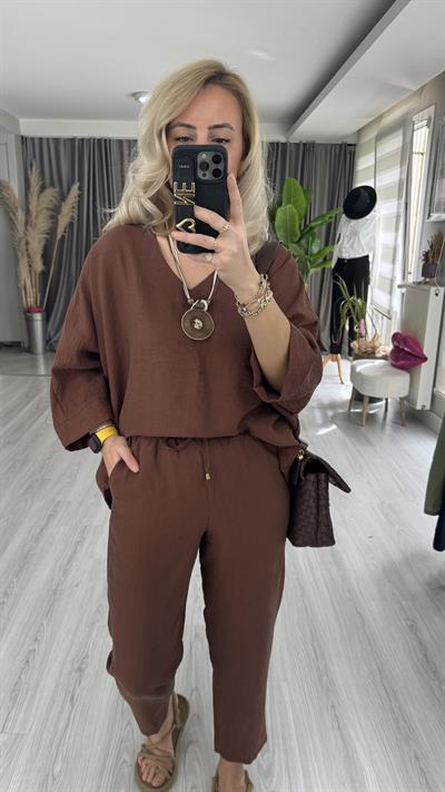 KOLYE AKSESUARLI TENCEL İKİLİ TAKIM / KAHVE