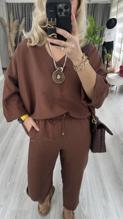 KOLYE AKSESUARLI TENCEL İKİLİ TAKIM / KAHVE