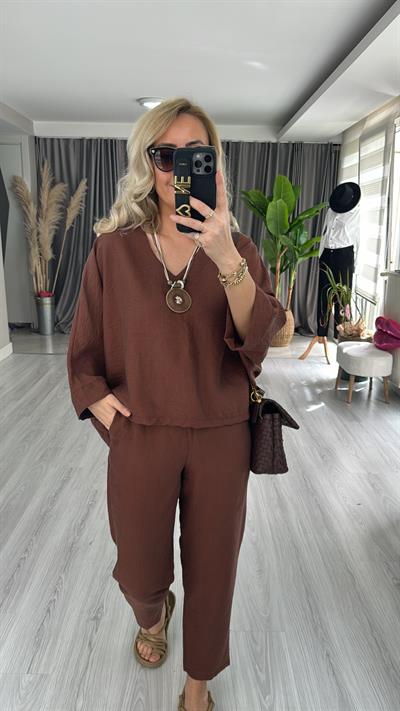 KOLYE AKSESUARLI TENCEL İKİLİ TAKIM / KAHVE