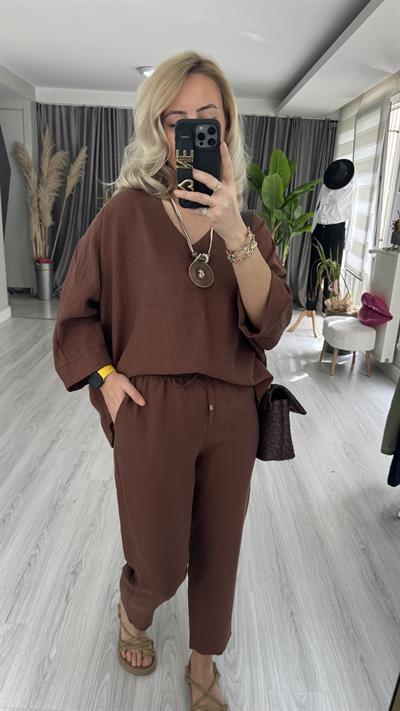 KOLYE AKSESUARLI TENCEL İKİLİ TAKIM / KAHVE