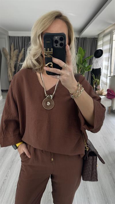 KOLYE AKSESUARLI TENCEL İKİLİ TAKIM / KAHVE