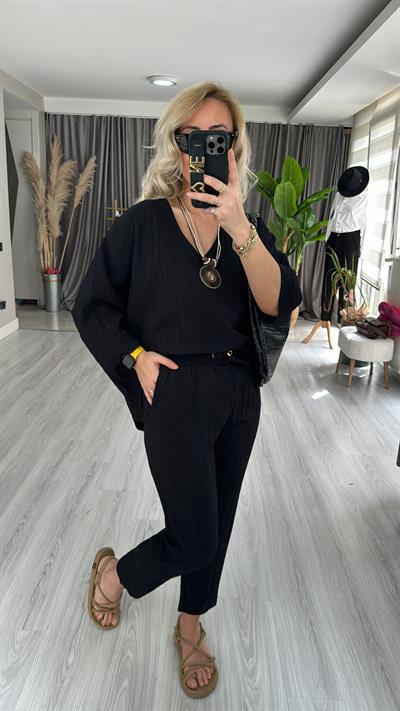 KOLYE AKSESUARLI TENCEL İKİLİ TAKIM / SİYAH