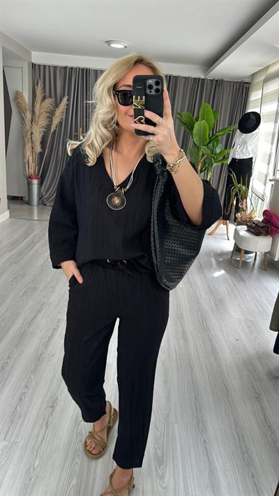 KOLYE AKSESUARLI TENCEL İKİLİ TAKIM / SİYAH