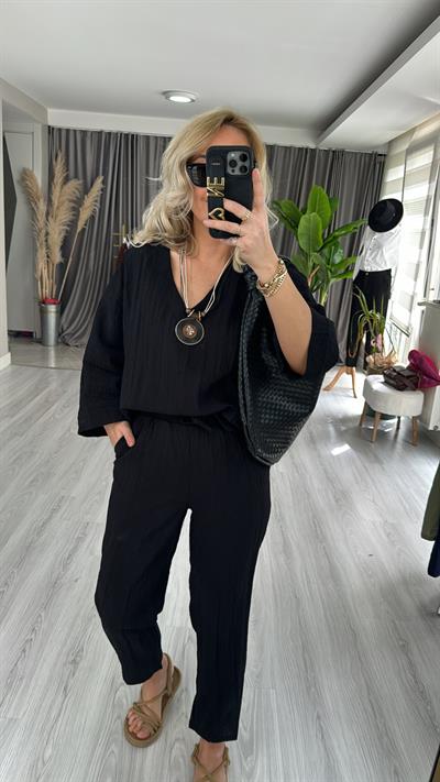 KOLYE AKSESUARLI TENCEL İKİLİ TAKIM / SİYAH