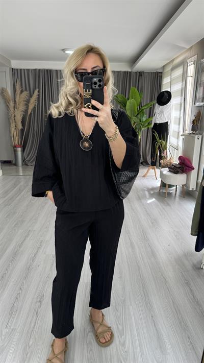 KOLYE AKSESUARLI TENCEL İKİLİ TAKIM / SİYAH