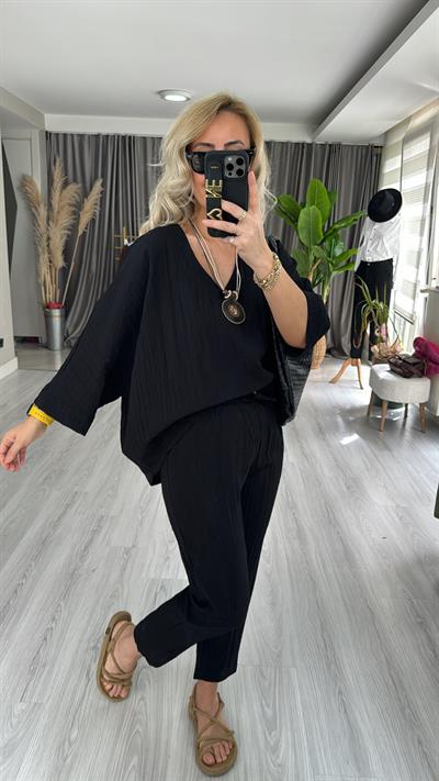 KOLYE AKSESUARLI TENCEL İKİLİ TAKIM / SİYAH