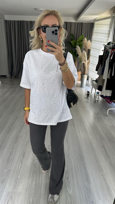 Komple Taşlı, Pamuklu Beyaz Tişört