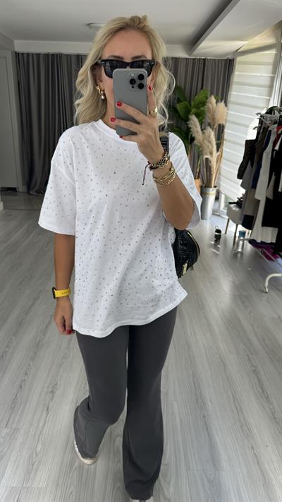 Komple Taşlı, Pamuklu Beyaz Tişört