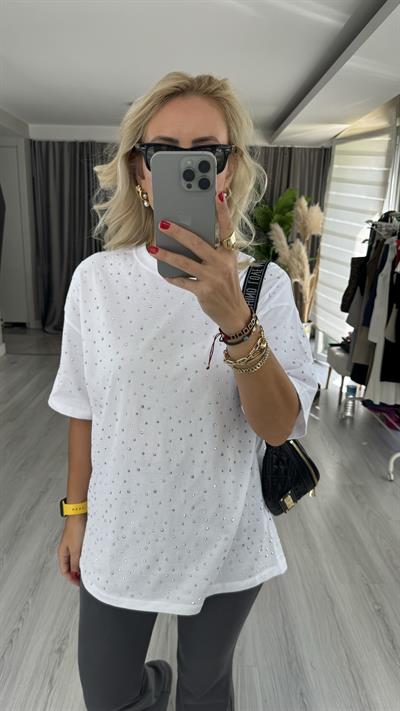 Komple Taşlı, Pamuklu Beyaz Tişört