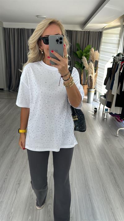 Komple Taşlı, Pamuklu Beyaz Tişört