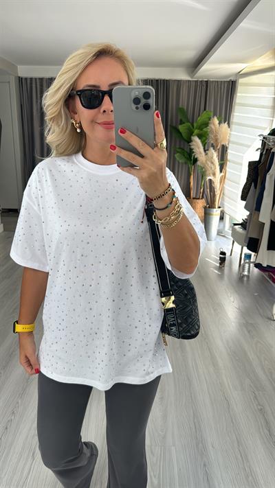 Komple Taşlı, Pamuklu Beyaz Tişört