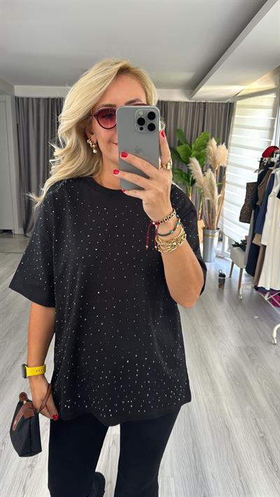 Komple Taşlı Pamuklu Siyah Tişört