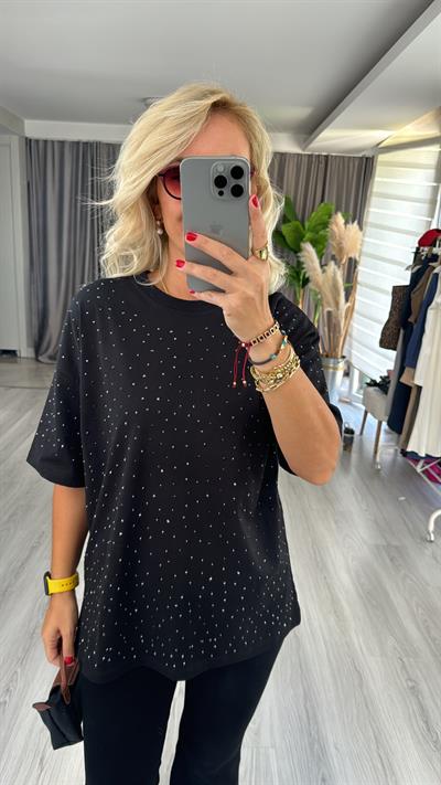 Komple Taşlı Pamuklu Siyah Tişört