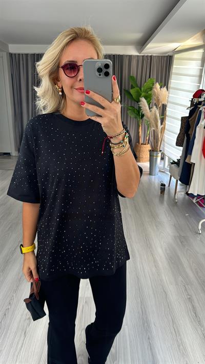 Komple Taşlı Pamuklu Siyah Tişört