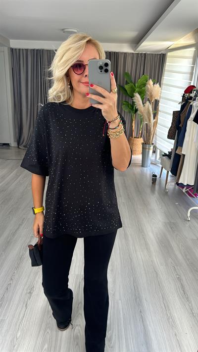 Komple Taşlı Pamuklu Siyah Tişört