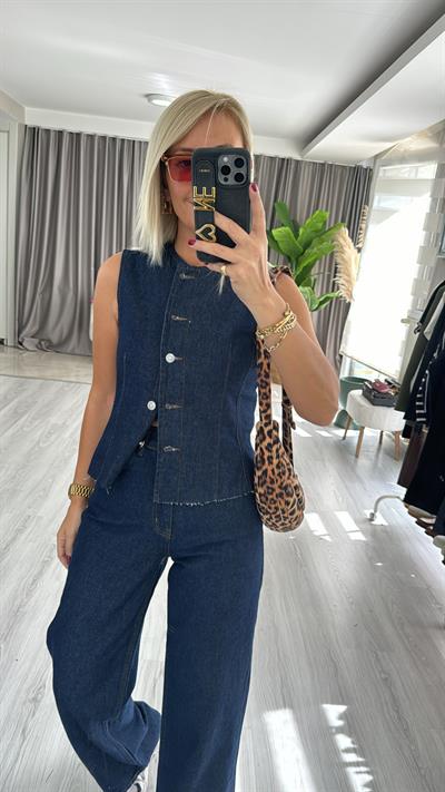 Koyu Lacivert Denim Yelek, Palazzo Pantolon Takım