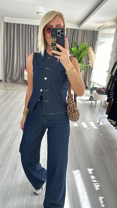 Koyu Lacivert Denim Yelek, Palazzo Pantolon Takım