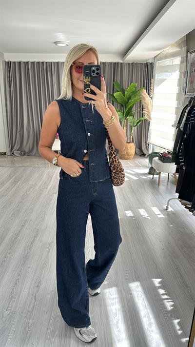 Koyu Lacivert Denim Yelek, Palazzo Pantolon Takım