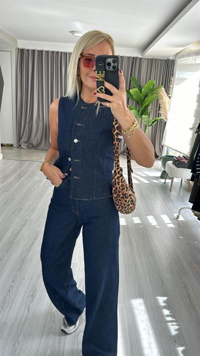 Koyu Lacivert Denim Yelek, Palazzo Pantolon Takım