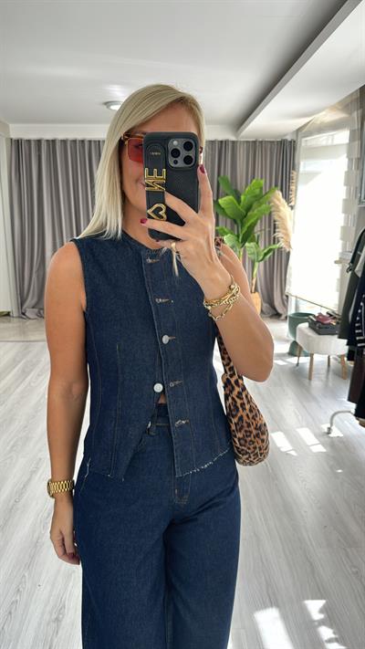 Koyu Lacivert Denim Yelek, Palazzo Pantolon Takım