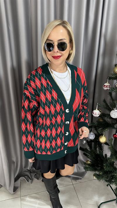 KOYU YEŞİL KIRMIZI DÜĞMELİ BAKLAVA DESEN HIRKA