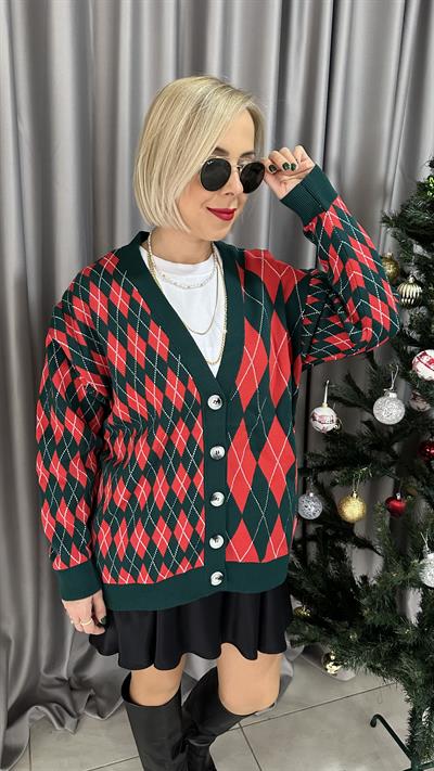 KOYU YEŞİL KIRMIZI DÜĞMELİ BAKLAVA DESEN HIRKA