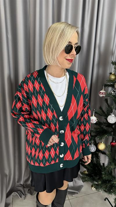 KOYU YEŞİL KIRMIZI DÜĞMELİ BAKLAVA DESEN HIRKA