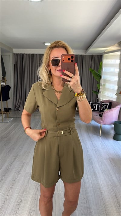 Kruvaze Yaka Kemerli Haki Tulum
