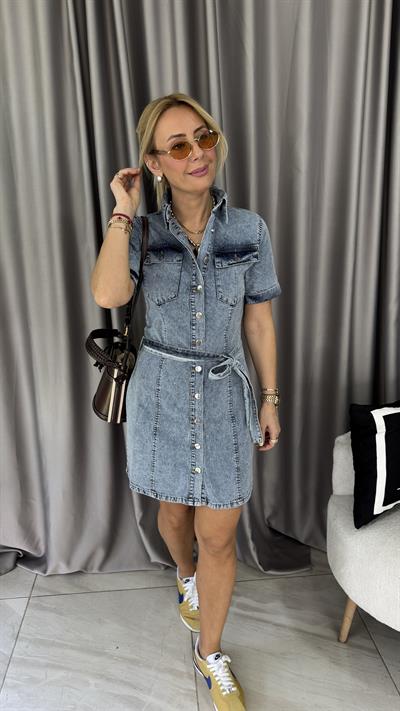Kuşaklı Komple Düğmeli Mavi Jean Elbise
