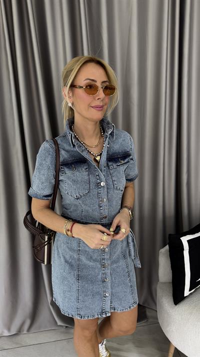 Kuşaklı Komple Düğmeli Mavi Jean Elbise